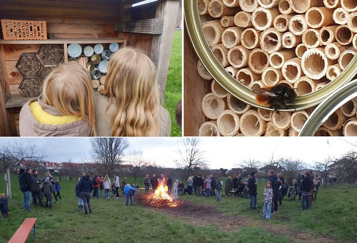 Wildbienenhotel mit Besuch einer Wildbiene und Osterfeuer